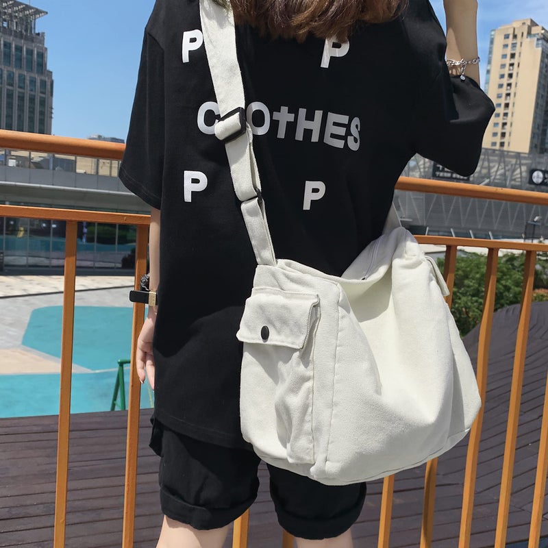 Youjaree Canvas Tote Bag Hobo Crossbody Handbag Big Capacity Messenger Bag with Multiple Pockets Casual Shoulder Bag for Women Men (White) - Image 3